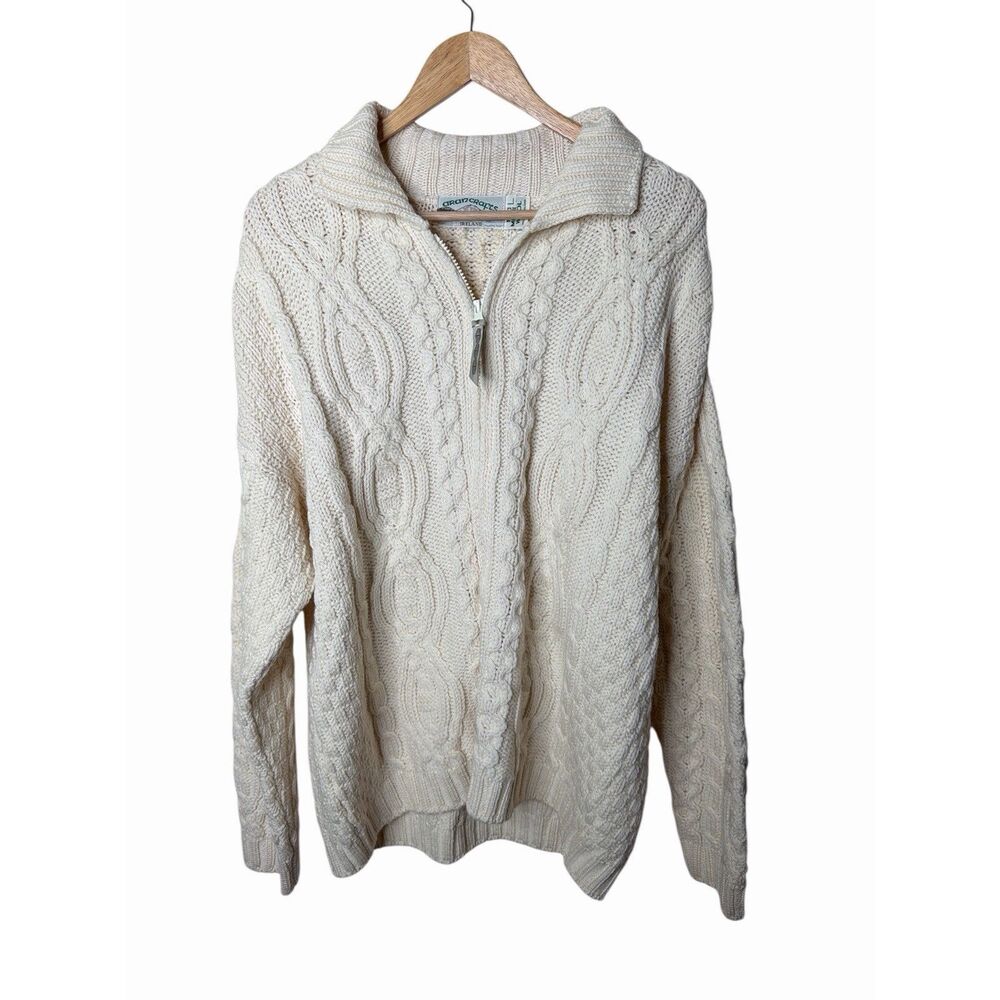 Aran Crafts Ireland Womens Cable Knit Full Zip Cardigan Merino Wool Size L Cream